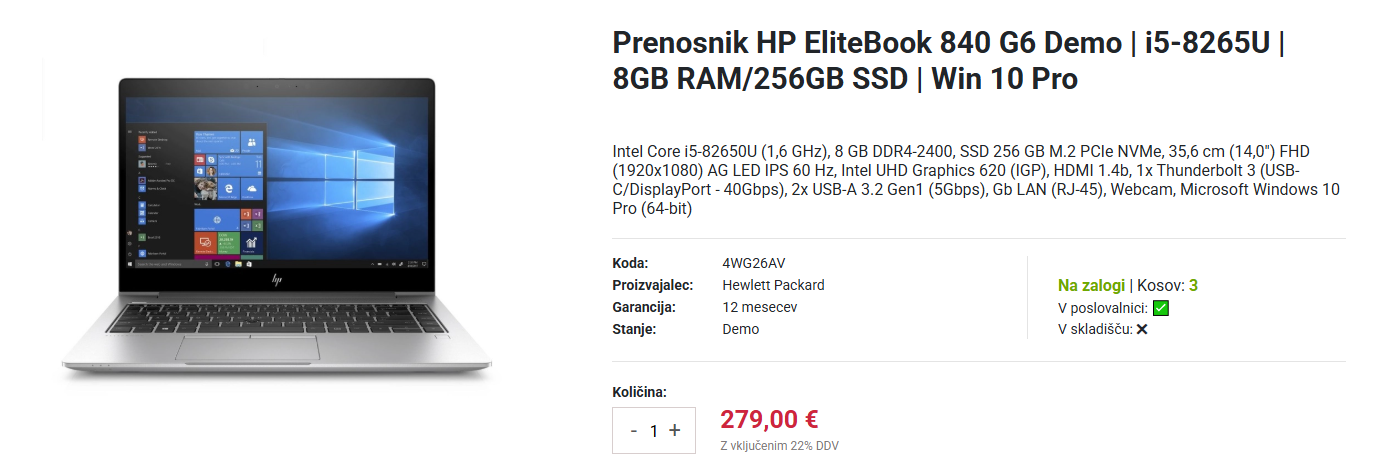 HP EliteBook 840 G6 DEMO budget prenosnik Prenosni računalnik HP EliteBook demo za budget kupce - screenshot iz spletne strani SO d.o.o.